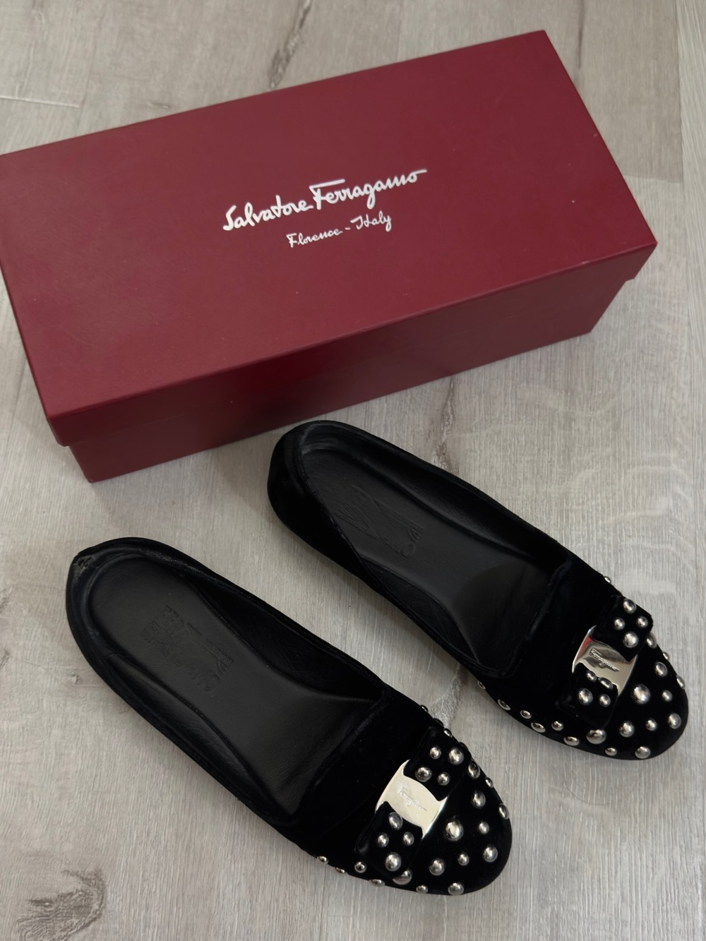 Salvatore Ferragamo Black Velvet Loafers with Silver Studs